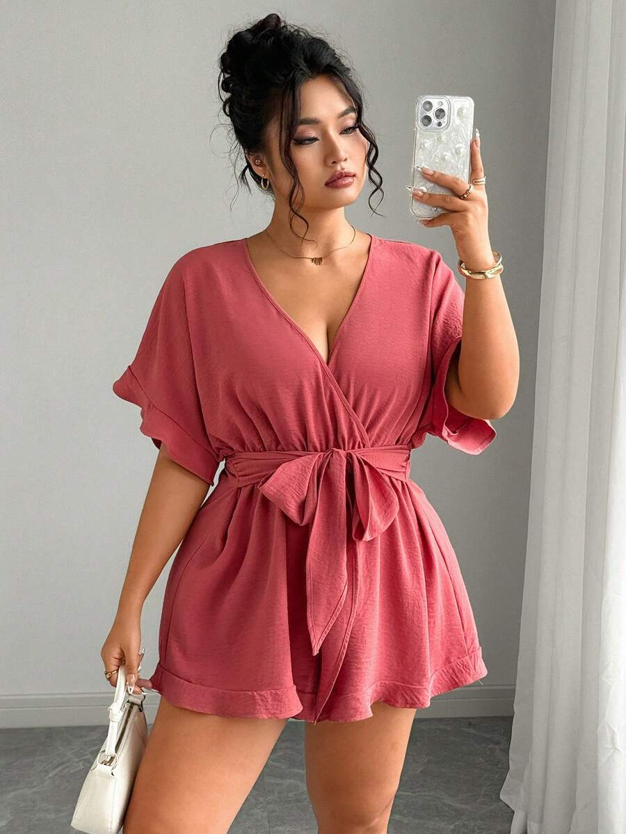 Elenzga 大码女式纯色 V 领荷叶边袖系腰阔腿连体裤，休闲度假装 - 紅木色 - 查看 1