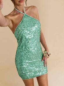 SHEIN BAE 薄荷绿无袖迷你露背亮片装饰连衣裙，适合度假、海滩、音乐节、早午餐、春夏季 - 綠色 - 查看 4