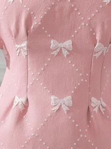 Elladie kids 女婴梦幻蓝色蝴蝶结纹理优雅经典连衣裙，配贝雷帽 - 粉色 - 查看 5