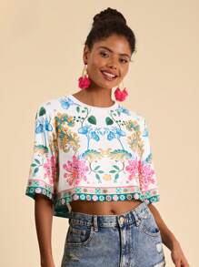 Travachic Áo thun nữ cổ tròn tay ngắn in họa tiết nhiệt đới cho kỳ nghỉ hè, đi biển, trang phục phương Tây, hòa nhạc, phong cách Boho, nhiệt đới - Nhiều màu - Xem 4