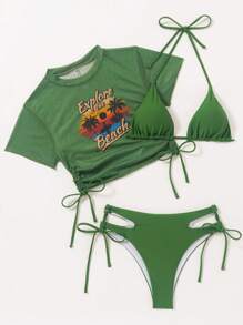 Swim Vcay Bộ đồ bơi bikini buộc dây màu trơn đi biển mùa hè cho nữ kèm áo choàng in chữ tay ngắn - màu xanh lá - Xem 8