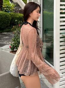 DAZY 女士性感长袖沙滩罩衫亮片度假风 - 香檳色 - 查看 3