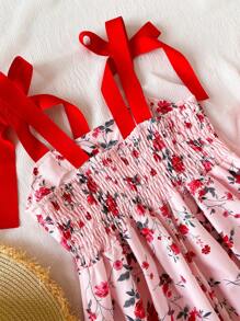 少女连衣裙，优雅的粉色玫瑰花卉印花连衣裙，细肩带，荷叶边下摆，蝴蝶结装饰，A 字廓形，适合度假、上学、春夏季 - 彩色 - 查看 3