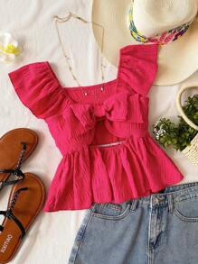 Blusa estilo casual y colegial con rayas y mangas con volantes para niña preadolescente, camisa de manga corta con lazo para la escuela, vacaciones, primavera/verano - Rosa Fucsia - Ver 5