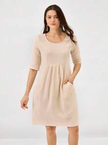 Miaspire Women Casual Solid Color Short Dress - Khaki - View 3