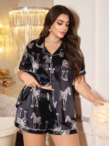SHEIN Conjunto de pijama de camisa y pantalones cortos con estampado de cebra de talla grande - Azul - Ver 5