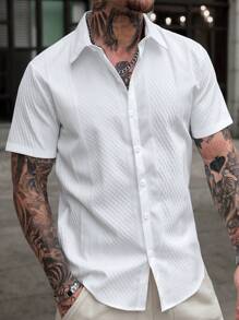 Manfinity CasualCool Camisa casual de manga corta de un solo pecho de unicolor para hombres, camisa ajustada para hombres, camisa de verano, estilo de camisa para hombres, camisa de corte slim para hombres, ropa de hombres, camisas para hombres, camisas para hombres de corte slim, camisas de vestir de manga corta para hombres, camisas de moda para hombres - Blanco - Ver 7
