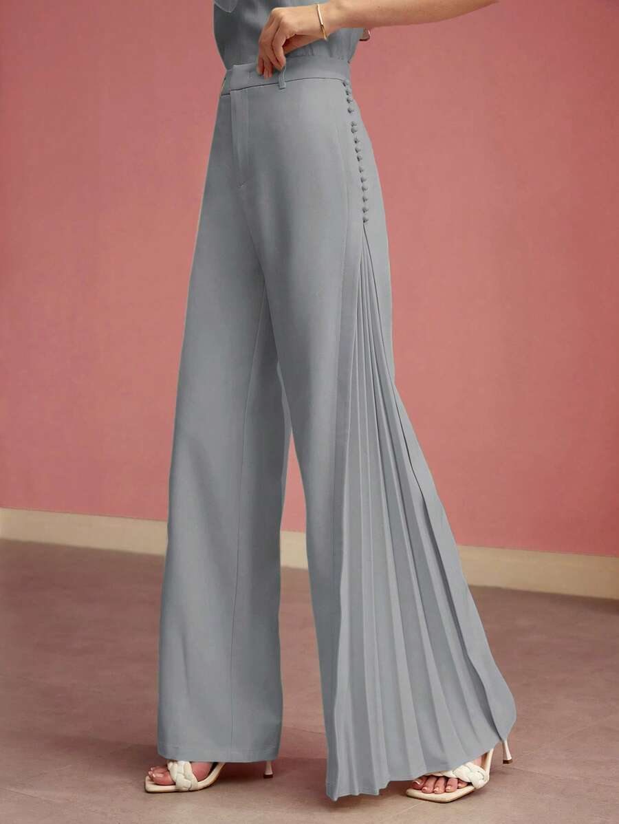 MOTF PREMIUM BUTTON DETAIL WIDE LEG PANTS - Blue - View 1