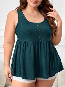 SHEIN LUNE 大码女式纽扣装饰荷叶边下摆休闲宽松上衣