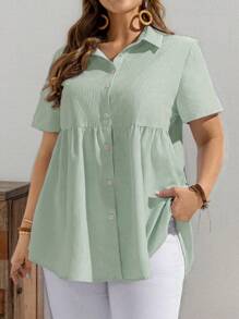 EMERY ROSE Plus Size Casual Striped Shirt, Simple And Fashionable For Daily Wear, Summer, Boho - Mint Green - View 3