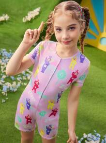 Teletubbies X SHEIN Tutina da pigiama corta con maniche corte, comoda e casual, con stampa a cartone animato, per ragazze adolescenti, colore viola