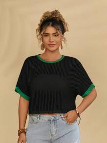 Travachic Plus Size Women's Casual Summer Beach Wear Colorblock Green Trim Basic Knit Cropped Top T-Shirt - Black - View 4