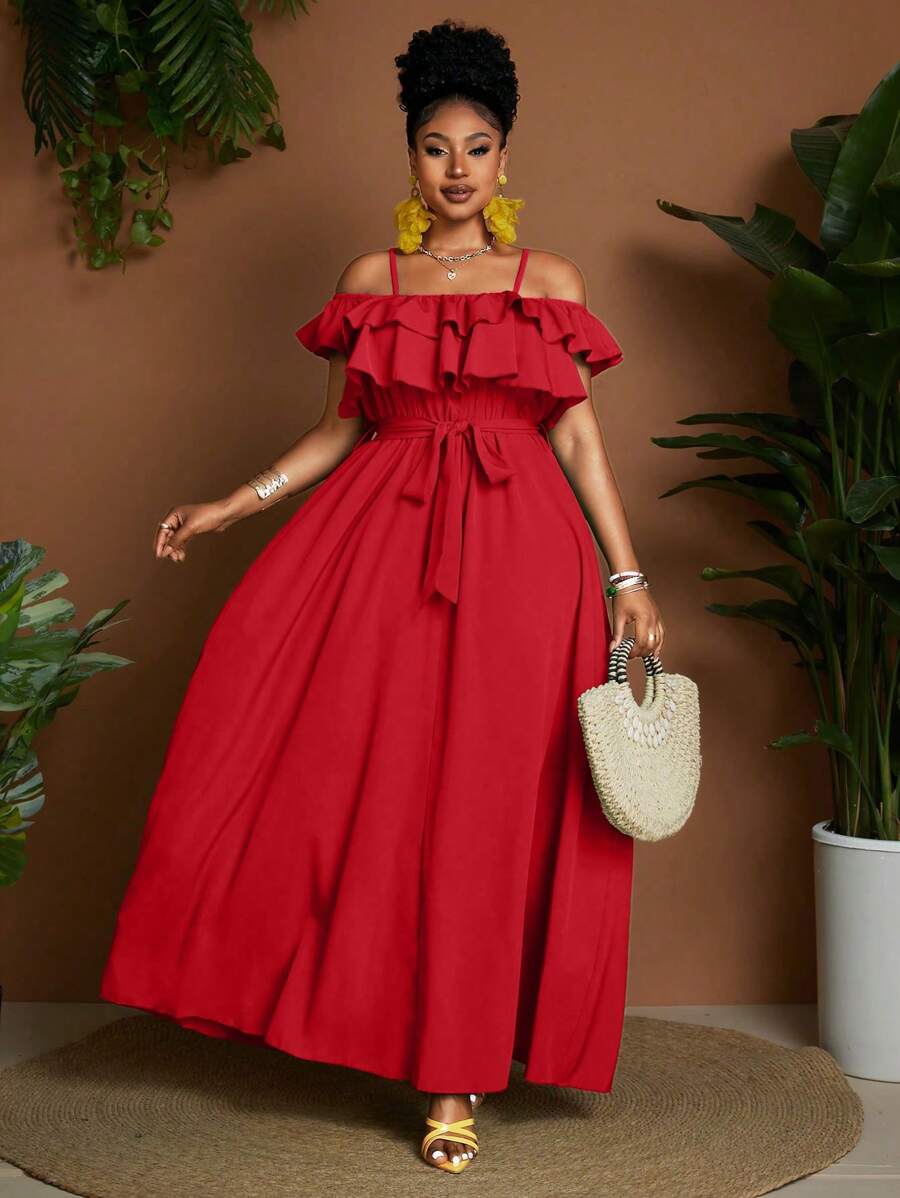 Maweii Plus Size Women's Red Ruffled Off-Shoulder Short Sleeve Dress With Flared Skirt - Red - View 1