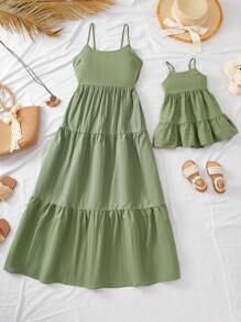 SHEIN Vestido corto holgado con textura de tirantes sueltos en verde, adecuado para vacaciones de verano para bebé niña