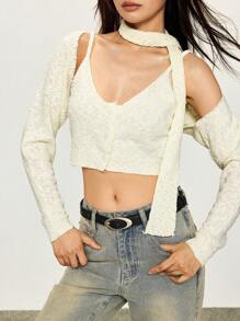 INAWLY Bộ áo len cardigan dài tay màu trơn và áo ba lỗ crop top dệt kim ngắn cho nữ - trắng - Xem 5