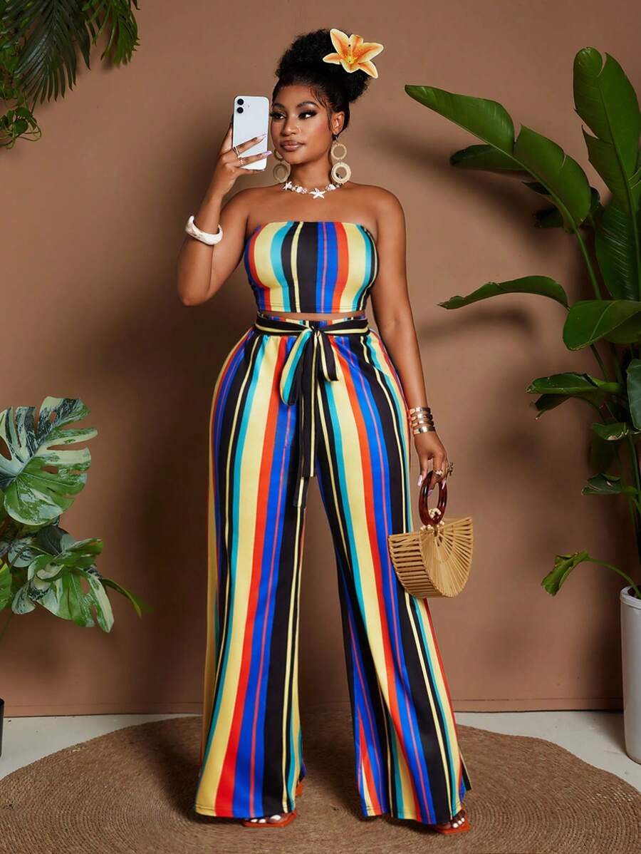 Maweii 2pcs/Set Plus Size Colorful 2025 New Arrival Slimming & Height-Increasing High Waist Outfit - Multicolor - View 1
