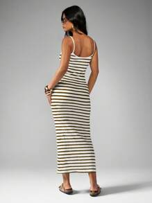 MISSGUIDED Striped Ribbed Bodycon Maxi Dress Spaghetti Strap Summer Long Sun Dress Fitted Holiday Vacation Resort Beach Loungewear - Coffee - View 2