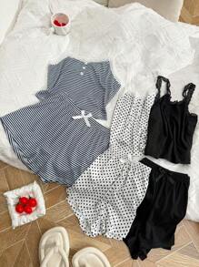 SHEIN 6pcs Women Casual Fitted False Placket Lace Patchwork Floral Print Camisole Shorts Pajama Set Bow Tie  Cozy And Elegant Details