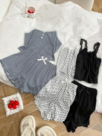 SHEIN 6 件套女士休闲修身假襟蕾丝拼布花卉印花吊带背心短裤睡衣套装