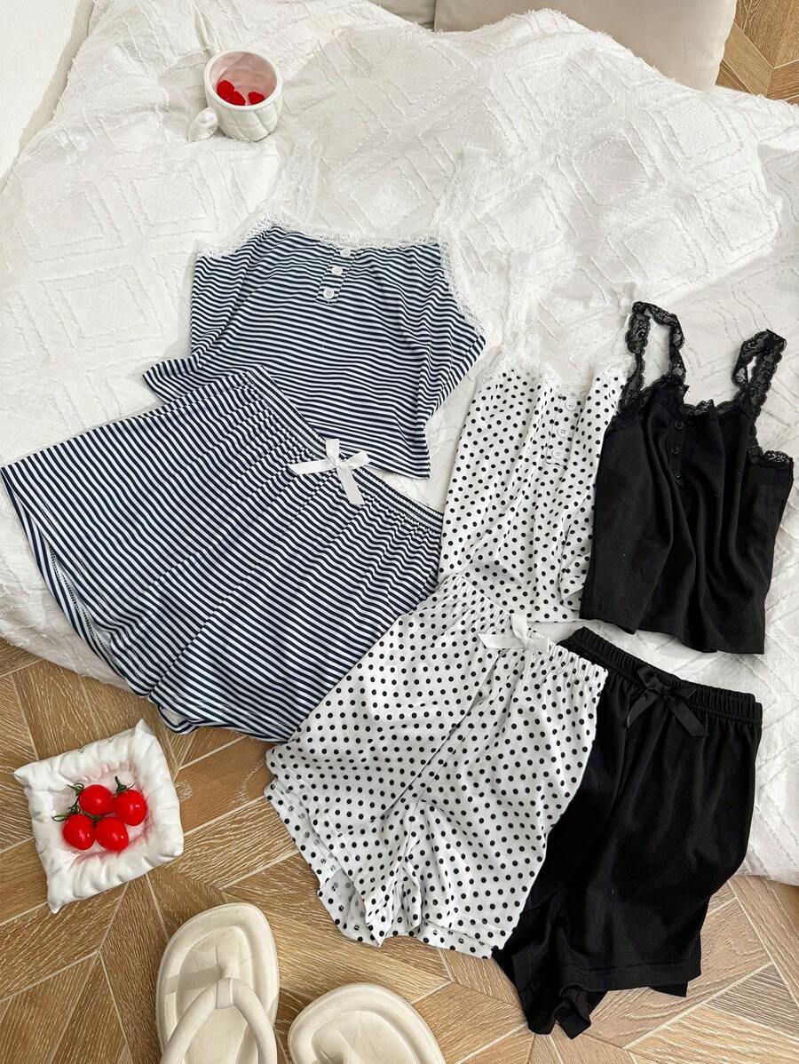 SHEIN 6pcs Women Casual Fitted False Placket Lace Patchwork Floral Print Camisole Shorts Pajama Set Bow Tie  Cozy And Elegant Details