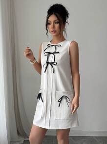 SHEIN Clasi Abito midi da donna elegante, romantico e dolce con fiocco, adatto per vacanze, appuntamenti e nuova stagione scolastica
