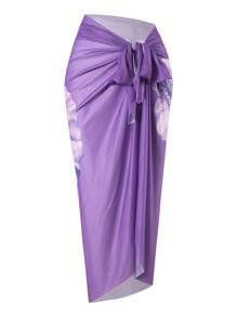 Swim Oasis 3pcs/Set Women Summer Beach Vacation Outfits, Floral Print Bikini Set And Mesh Tie-Front Beachwear Dress, Bohemian Holiday Style - Purple - View 6