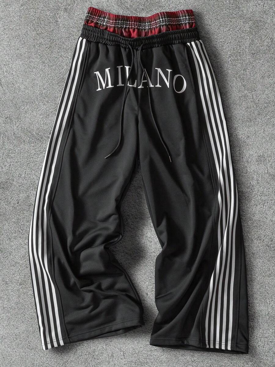 PAVTROS Manfinity Streetrush Men's Double Waistband Printed Casual Long Pants, Fashionable & Suitable For Summer - Black - View 1