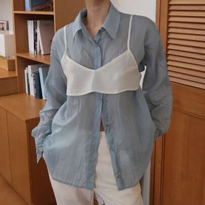 여성용 캐주얼 루즈핏 긴팔 반투명 블라우스