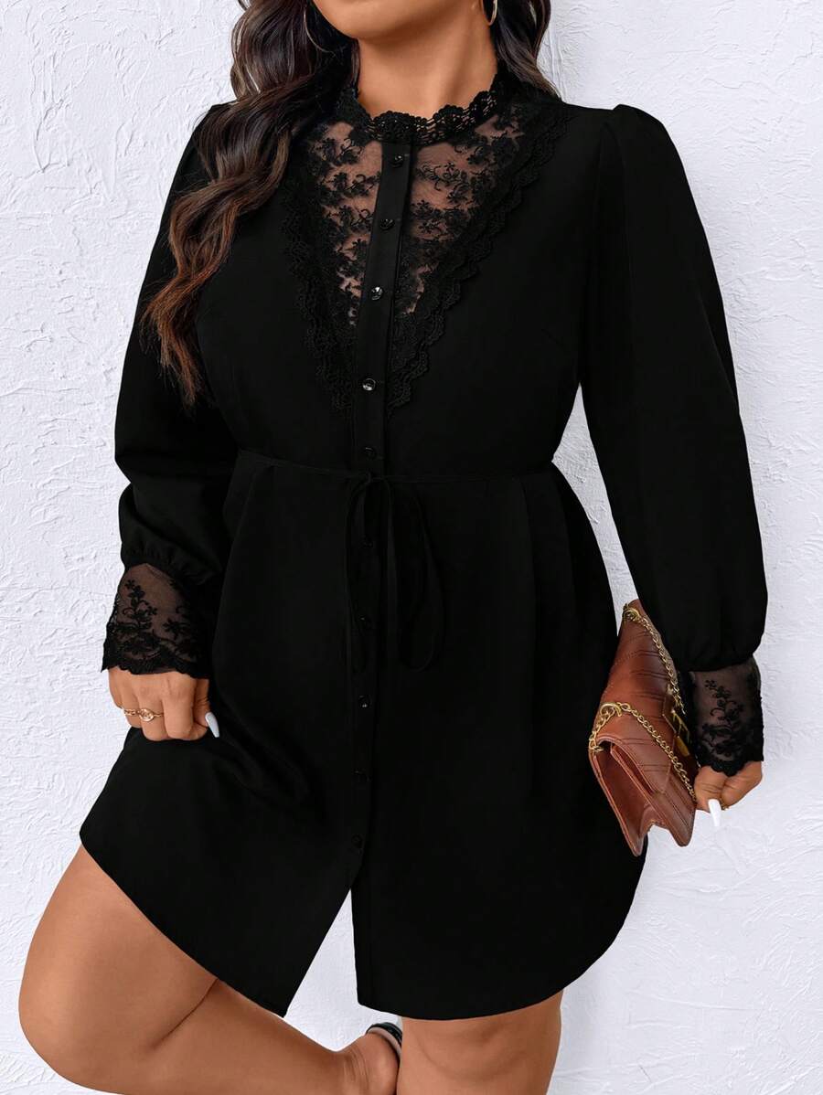 SHEIN CURVE+ 大码女式深 V 领镂空蕾丝休闲连衣裙