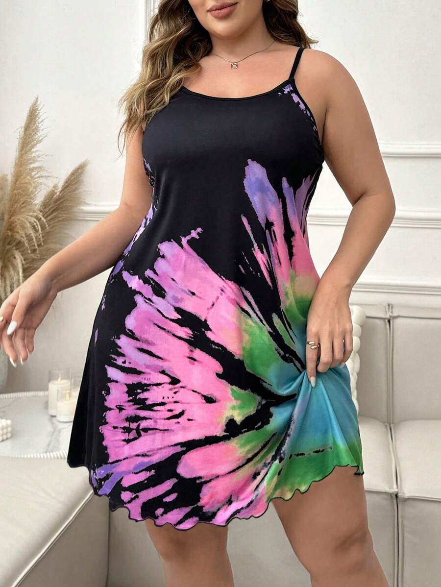 大码女式扎染印花吊带睡裙睡衣裙，夏季 - 彩色 - 查看 1