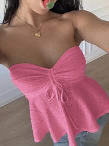 SHEIN EZwear Dam sommarstickad urholkad rosa bandeau-topp med tub - Skrikrosa - Visa 3