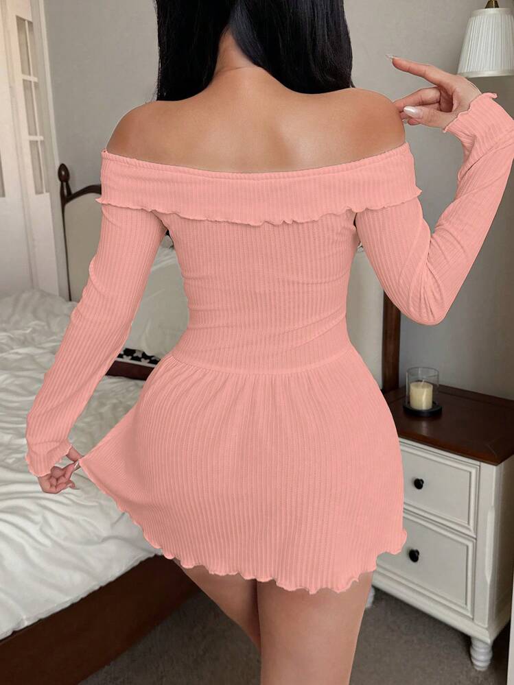 SHEIN Vestido casual de punto acanalado con hombros descubiertos para mujer, atuendo acogedor, otoño e invierno - Rosa - Añade 2