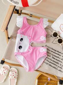 SHEIN Traje de baño de una pieza con mangas cortas y decoración de gato hueco para niñas jóvenes