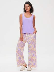 LUVLETTE 夏季柔软棉质基础款背心和印花长裤家居服透气睡衣套装，带口袋长裤，春夏七分裤两件套 - 淡紫色 - 查看 9