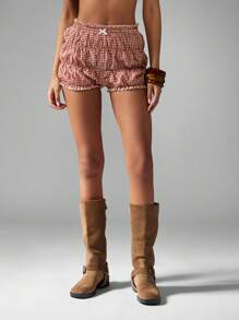 MISSGUIDED Ruffle Layered Gingham Bloomer Short Summer Beach Holiday Tiered Cotton Blend High Waist Ruffle Trim Casual Boho Festival Puff Style Short - Red and White - View 4