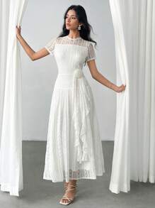 Modelyn Women's Floral Lace Decor Short Sleeve Elegant Mid-Length White Dress - White - View 3
