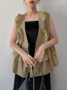 FRIFUL 女士系带荷叶边开衫，休闲夏季外套，亚麻材质 - 卡其色 - 查看 4