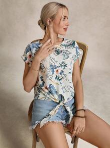 SHEIN LUNE Floral Print Keyhole Back Tie Front Top