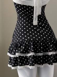 Elamini 波尔卡圆点蕾丝边蝴蝶结露背系带腰部荷叶边下摆迷你连衣裙拼布褶皱分层复古甜美度假海滩优雅休闲约会太阳裙女式夏季