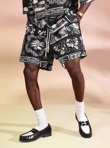 SUMWON Tropisches Resort Palmen Muster Zusammenpassende Set bestehend aus Hemd und Shorts, Strandurlaub Party Sommer Wochenendausflug Lässig Lässig Allover-Muster