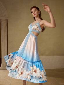 MOTF PREMIUM Vestido de tirantes con volantes en el bajo y estampado floral - Azul - Ver 7