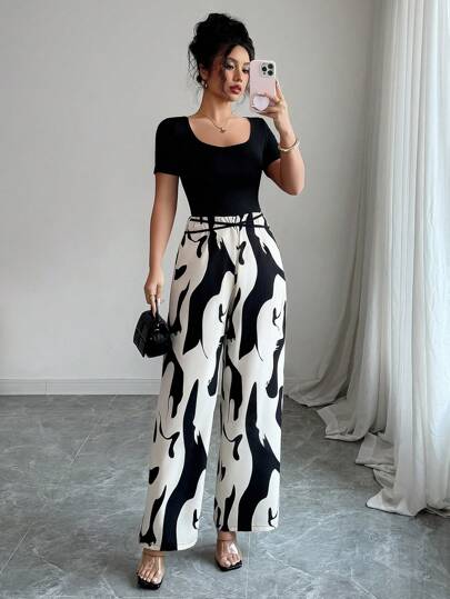 Elenzga Mono de mujer de manga corta con cuello cuadrado y bloqueo de color elegante