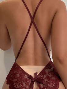 Seduluxe 1pc Bow Decor Lace Wireless Crotchless Sexy Bodysuits