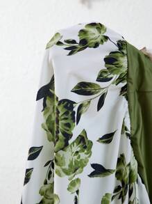 SHEIN VCAY 大码女式花卉印花打结前肩带夏季沙滩裙 - 綠色 - 查看 7