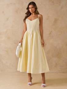 SHEIN BAE 纯色柔黄色优雅修身无袖连衣裙，适合日常约会、度假、音乐节、生日、早午餐、婚礼宾客、伴娘礼服