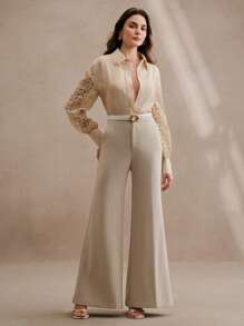 Anewsta بلوزة من الأتلاس مطرزة بالترتر أنيقة بأكمام طويلة فضفاضة وشاملة - أصفر - مشاهدة 5