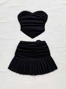 Soleia Women Two Pieces Outfits For Daily Wear Skirt And Top Set Tube Top Sets Beach Skirt Set - Black - View 2
