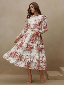 女式加大码编织海军蓝荷叶边蛋糕裙荷叶边长袖连衣裙碎花连衣裙女款 - 紅白色 - 查看 4