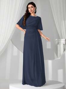 Coutiva High-End Ladies Luxury Faux Pearl Collar Evening Gown, Formal Party Dress With Elegant Charm, For Wedding Guest - Navy Blue - View 7