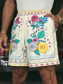 AXEPEAK 时尚街头休闲花卉水果图案抽绳口袋男士短裤，街头服饰 - 杏色 - 查看 4